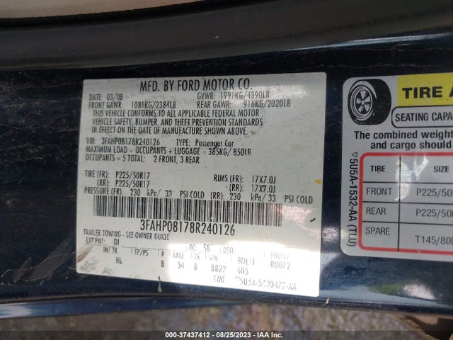 2008 FORD FUSION SEL VIN: 3FAHP08178R240126