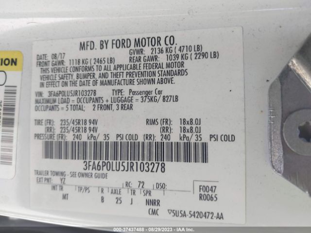 3FA6P0LU5JR103278 Ford Fusion Hybrid Se