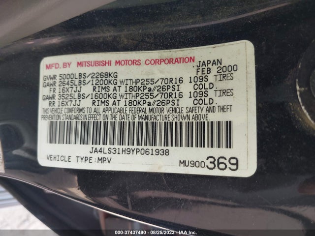 2000 MITSUBISHI MONTERO SPORT LS/XLS VIN: JA4LS31H9YP061938