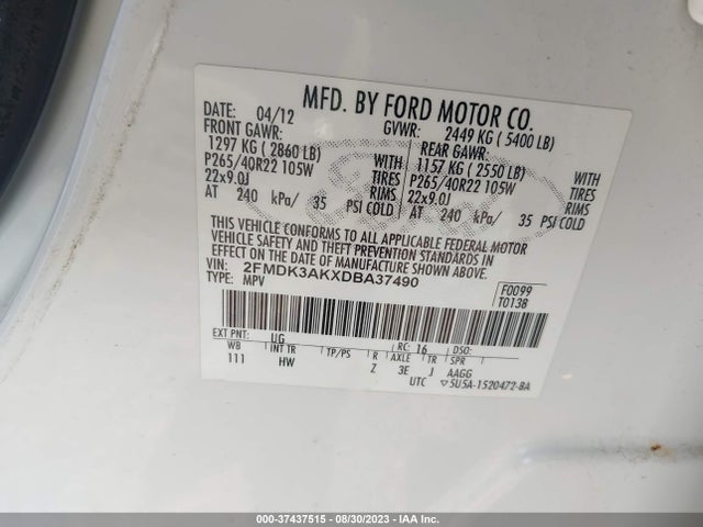 2013 FORD EDGE SPORT VIN: 2FMDK3AKXDBA37490
