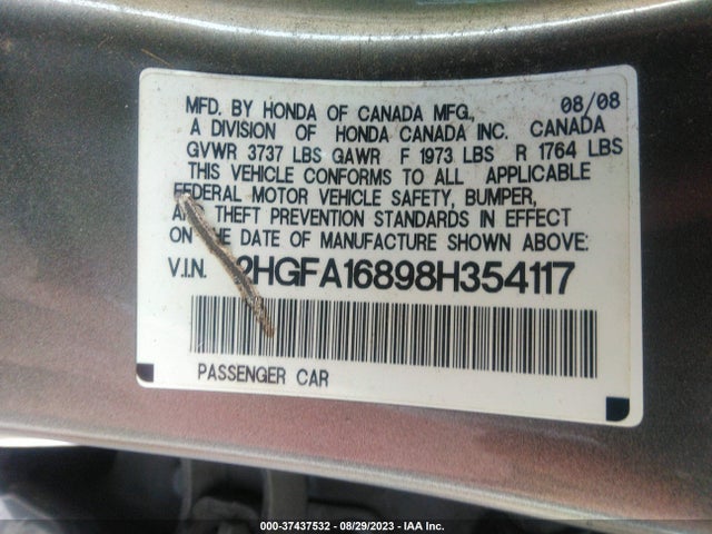 Продажа на аукционе авто 2008 Honda Civic Sdn Ex, vin: 2HGFA16898H354117, номер лота: 37437532