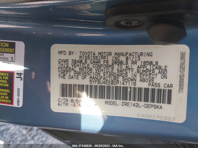 2013 TOYOTA COROLLA L/LE/S VIN: 5YFBU4EE0DP147116