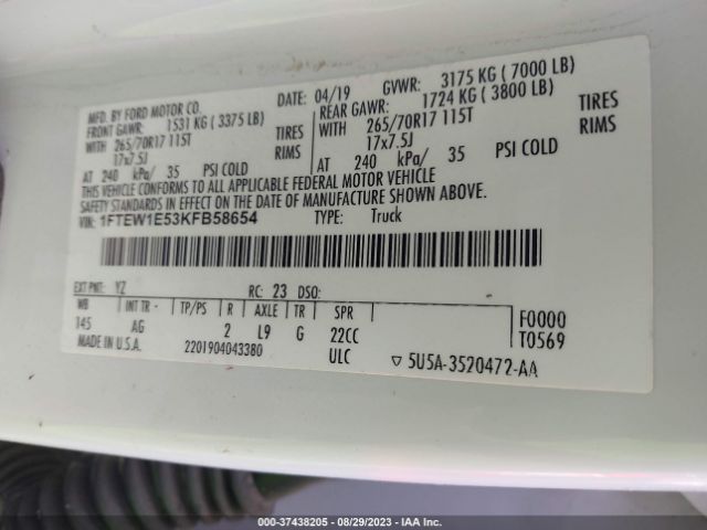 1FTEW1E53KFB58654 Ford F-150 Xl/xlt/lariat