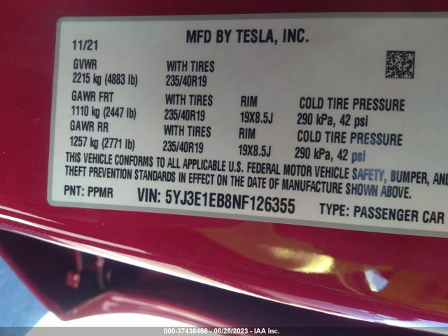 Tesla Model 3 Long Range 2022 5YJ3E1EB8NF126355 Image 9