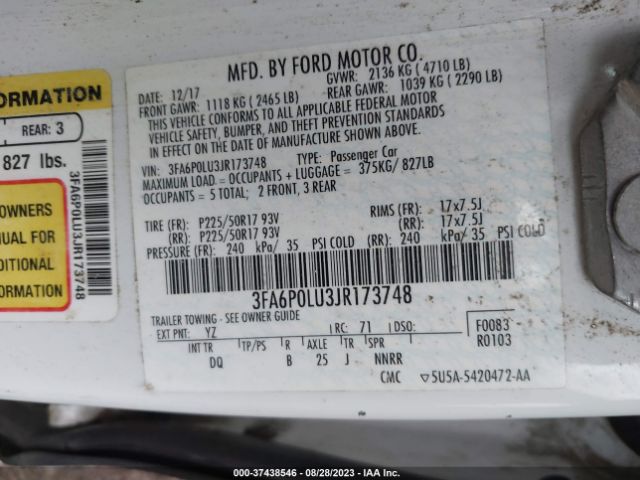 3FA6P0LU3JR173748 Ford Fusion Hybrid Se