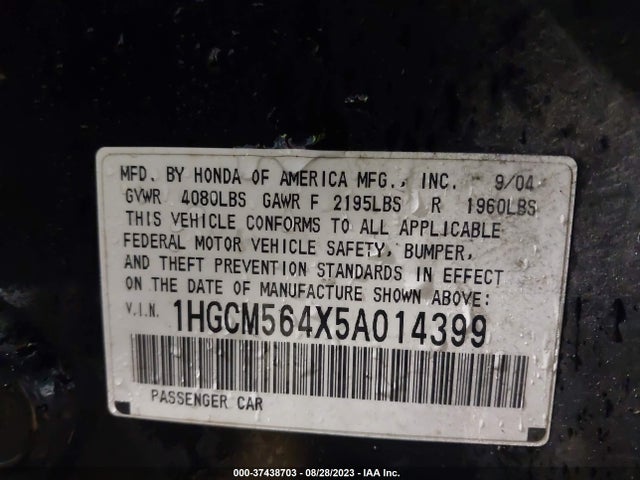 2005 HONDA ACCORD SDN LX VIN: 1HGCM564X5A014399