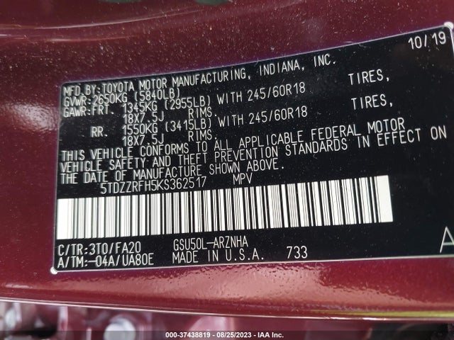 Toyota Highlander Le 2019 5TDZZRFH5KS362517 Image 15