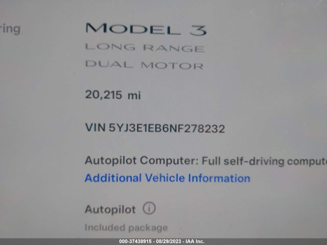 2022 TESLA MODEL 3 LONG RANGE VIN: 5YJ3E1EB6NF278232