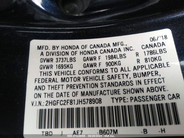 2018 HONDA CIVIC SEDAN EX VIN: 2HGFC2F81JH578908