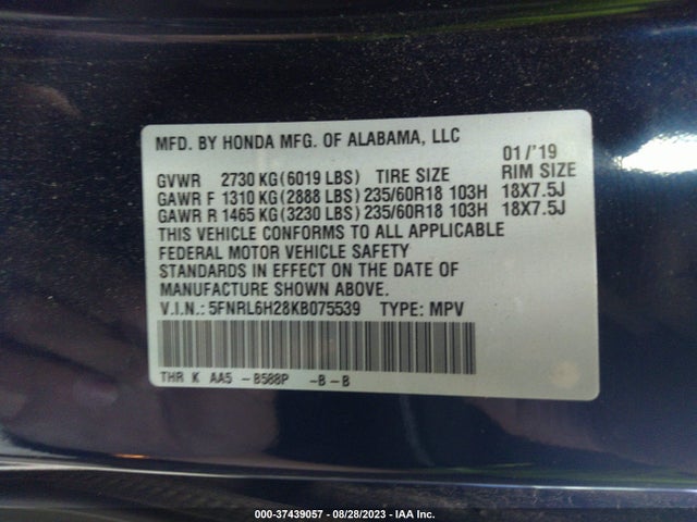 Honda ODYSSEY LX 2019 5FNRL6H28KB075539 Image 9