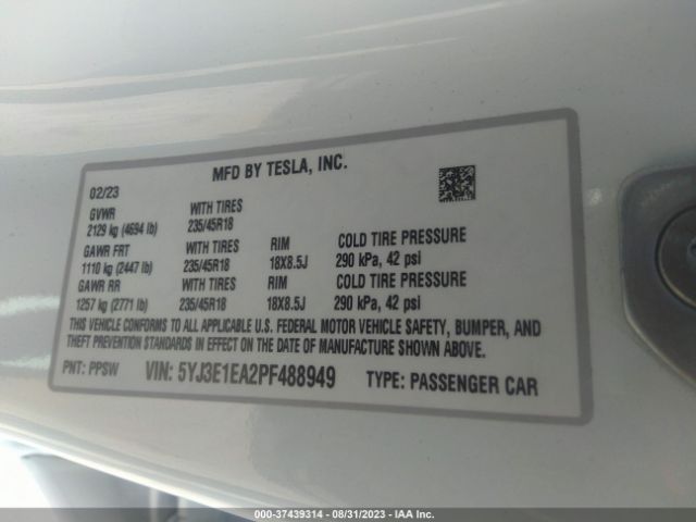 5YJ3E1EA2PF488949 Tesla MODEL 3