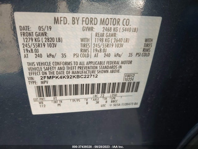 2019 FORD EDGE TITANIUM VIN: 2FMPK4K92KBC22712