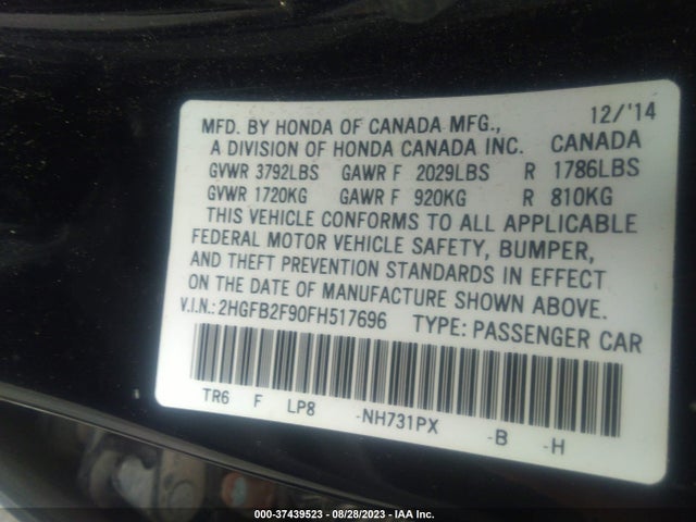 2015 HONDA CIVIC SEDAN EX-L VIN: 2HGFB2F90FH517696