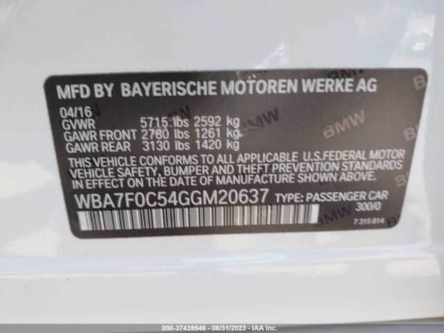2016 BMW 750I VIN: WBA7F0C54GGM20637