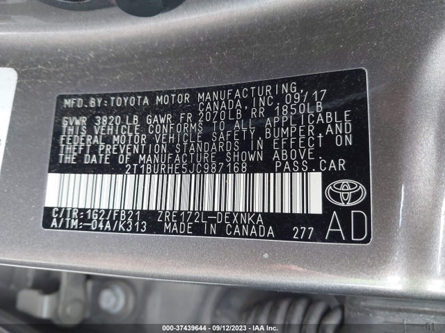 2018 TOYOTA COROLLA L/LE/XLE/SE/XSE VIN: 2T1BURHE5JC987168
