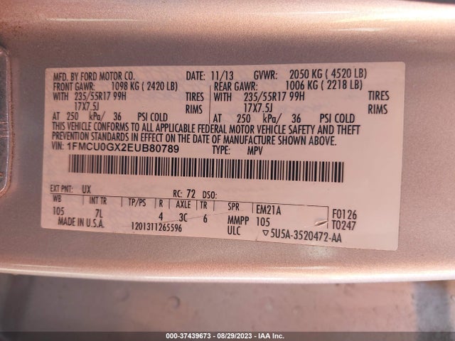 2014 FORD ESCAPE SE VIN: 1FMCU0GX2EUB80789