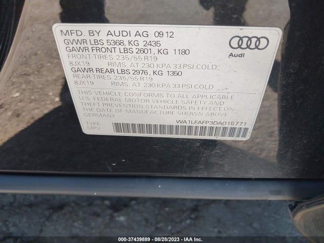 2013 AUDI Q5 PREMIUM PLUS VIN: WA1LFAFP3DA015771