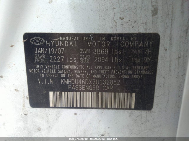 2007 HYUNDAI ELANTRA GLS/SE/LTD VIN: KMHDU46DX7U132852