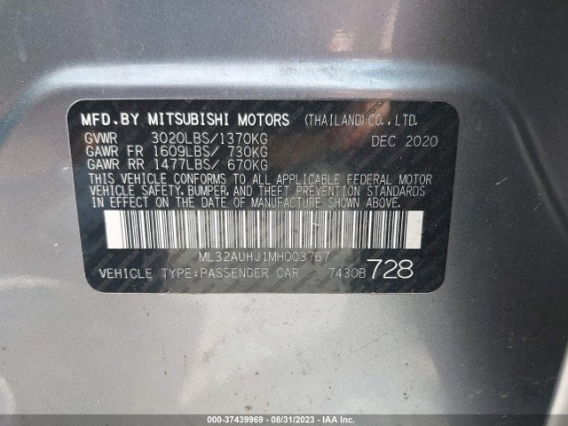 2021 MITSUBISHI MIRAGE ES/LE/CARBONITE EDITION VIN: ML32AUHJ1MH003767