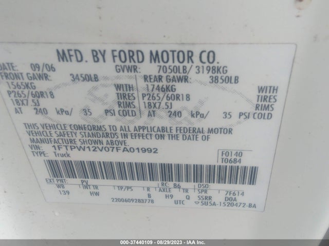 2007 FORD F-150 XLT/LARIAT/KING RANCH/FX2 VIN: 1FTPW12V07FA01992