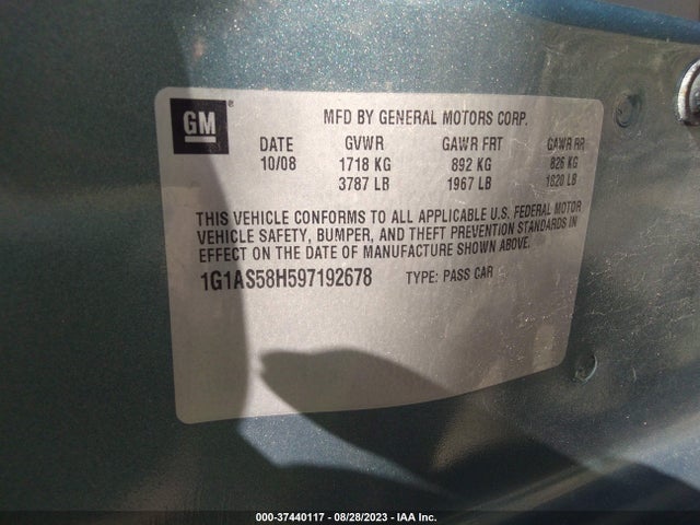 2009 CHEVROLET COBALT LS VIN: 1G1AS58H597192678
