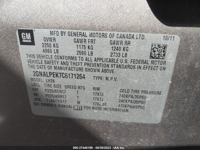 2012 CHEVROLET EQUINOX LT W/2LT VIN: 2GNALPEK7C6171264