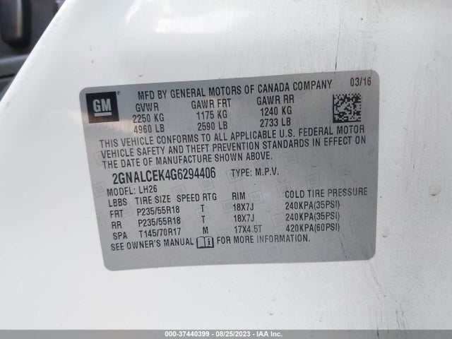 Chevrolet EQUINOX LT 2016 2GNALCEK4G6294406 Image 9