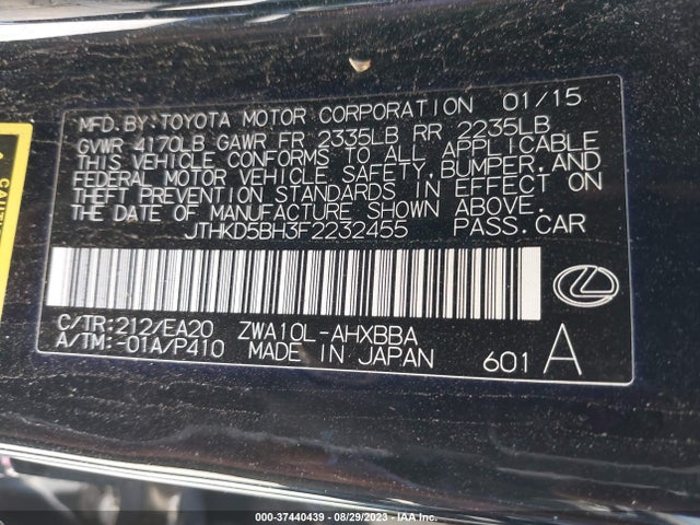JTHKD5BH3F2232455 Lexus Ct 200h Hybrid