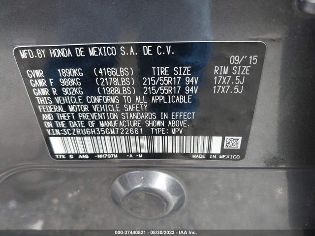 Honda HR-V LX 2016 3CZRU6H35GM722661 Image 9