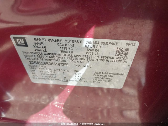 Chevrolet EQUINOX LT 2017 2GNALCEK9H6107209 Image 9