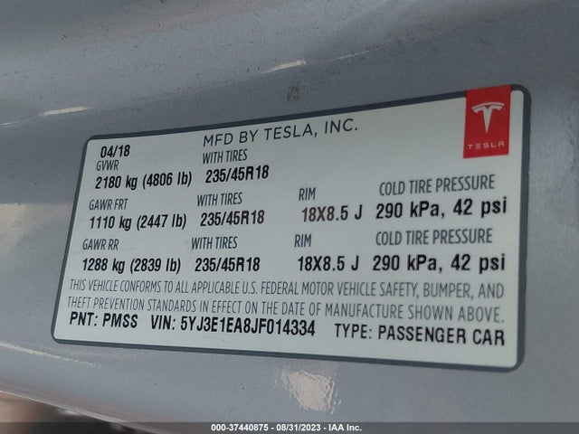 Tesla Model 3 Range Battery 2018 5YJ3E1EA8JF014334 Image 9