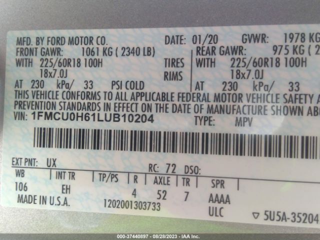1FMCU0H61LUB10204 Ford ESCAPE SEL