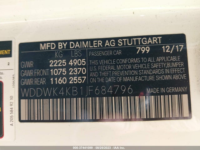 2018 MERCEDES-BENZ C-CLASS C 300 VIN: WDDWK4KB1JF684796