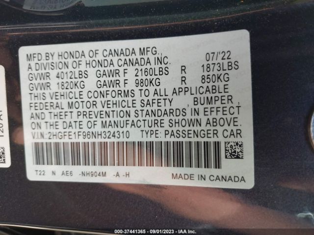 2HGFE1F96NH324310 Honda Civic Sedan Touring