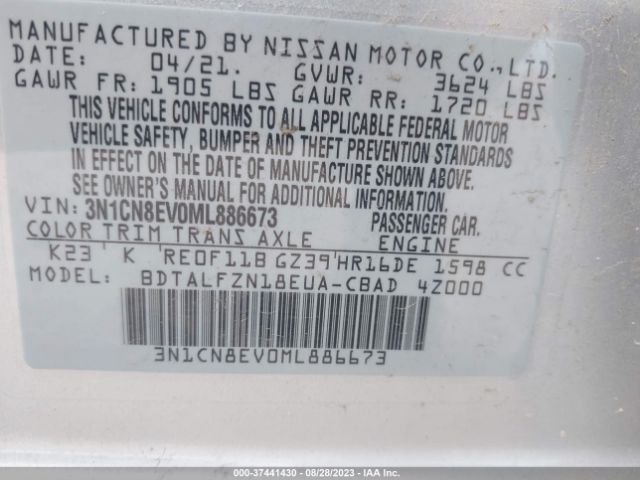 3N1CN8EV0ML886673 Nissan VERSA SV