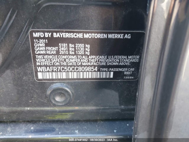 2012 BMW 5 SERIES 535I VIN: WBAFR7C50CC809854