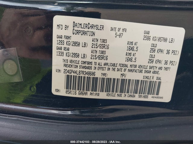 2007 DODGE GRAND CARAVAN SXT VIN: 2D4GP44L87R348606