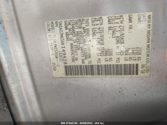 5N1AZ2MG5GN149428 Nissan Murano S/sv/sl/platinum