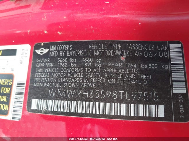 2008 MINI COOPER CONVERTIBLE S VIN: WMWRH33598TL97515