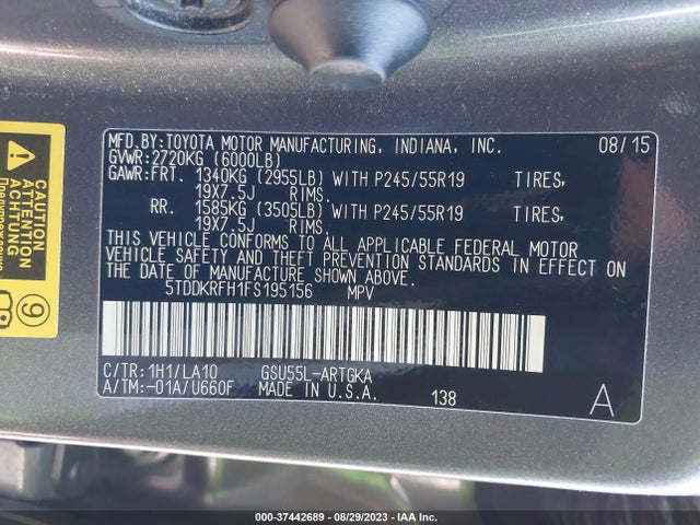 Toyota Highlander Limited 2015 5TDDKRFH1FS195156 Image 9