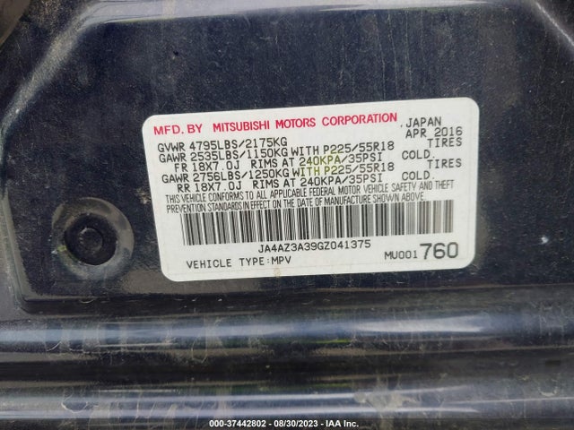 JA4AZ3A39GZ041375 Mitsubishi Outlander Se/sel/es