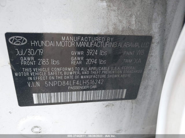 2020 HYUNDAI ELANTRA SEL VIN: 5NPD84LF4LH516242