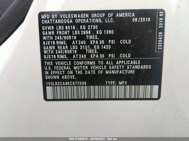 1V2LR2CA6KC577036 Volkswagen Atlas 3.6l V6 Se
