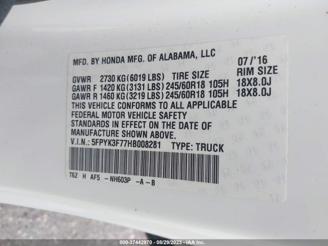 Honda Ridgeline Rtl-e 2017 5FPYK3F77HB008281 Image 9