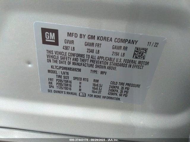 Chevrolet Trax Lt 2022 KL7CJPSM6NB569298 Image 9