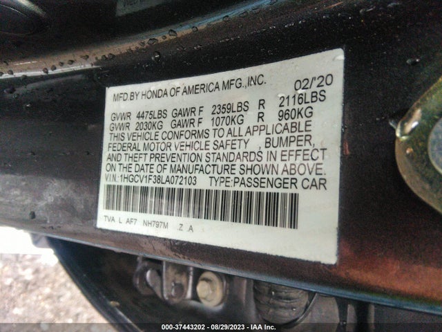 2020 HONDA ACCORD SEDAN SPORT VIN: 1HGCV1F38LA072103
