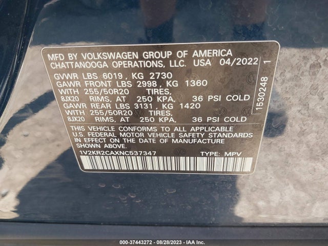1V2KR2CAXNC537347 Volkswagen Atlas 3.6l V6 Se W/technology