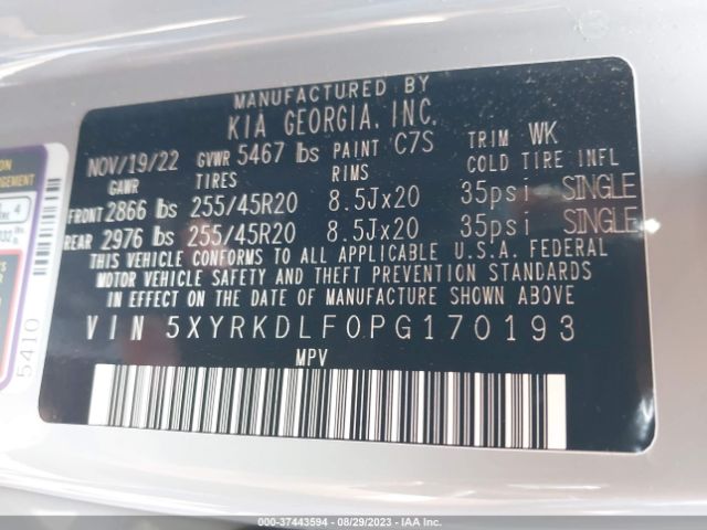 5XYRKDLF0PG170193 KIA SORENTO SX