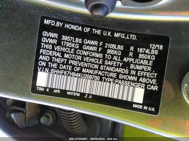SHHFK7H94KU209700 Honda Civic Hatchback Sport Touring