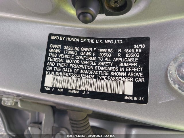 2018 HONDA CIVIC HATCHBACK LX VIN: SHHFK7G22JU224425